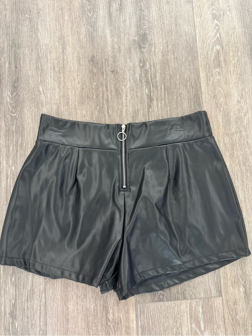 High-Waist Black Faux Leather Shorts with Front Zip